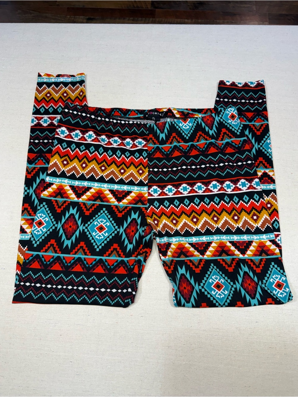 Eye Candy - Aztec Print Leggings - Teal, Red & Gold - Size XL